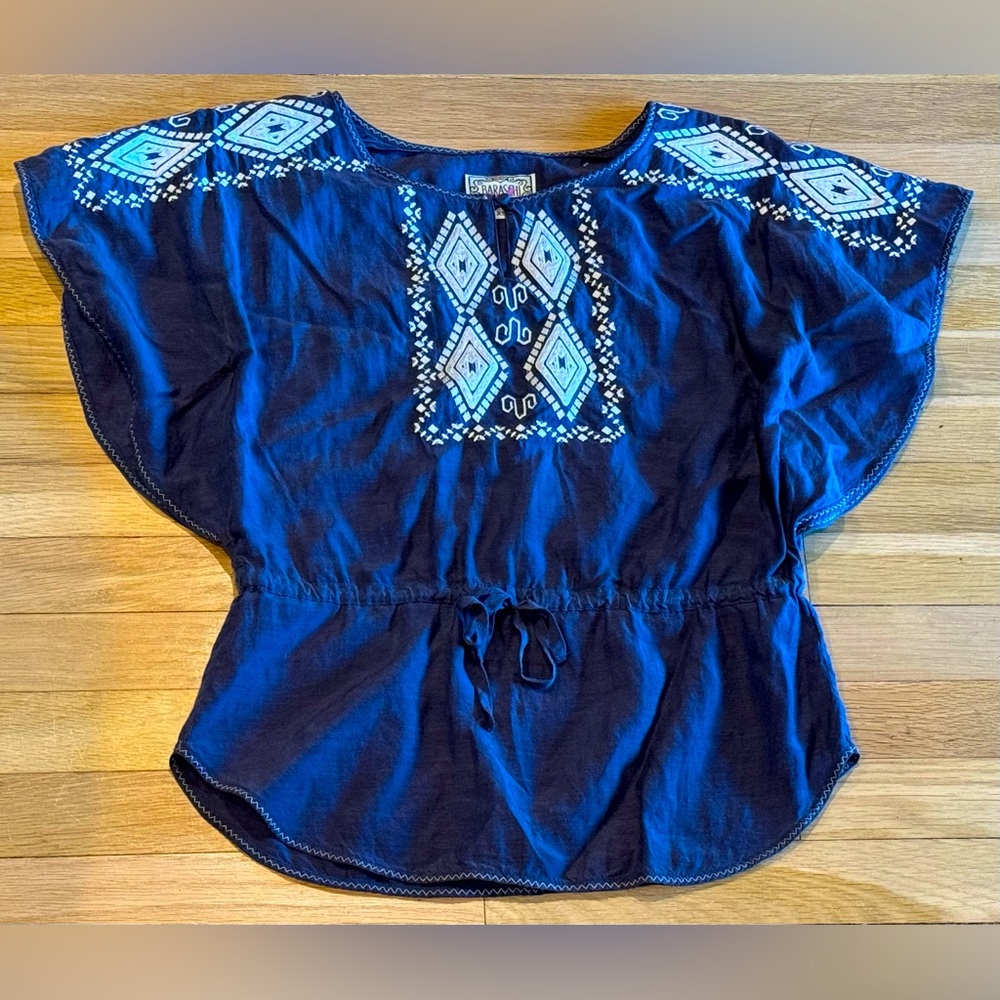 Anthropologie Yoana Baraschi Blue Embroidered Aztec Geometric Knit Top XS